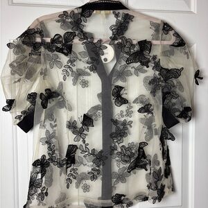 Black  3D butterfly and floral embroidery puffy sleeves